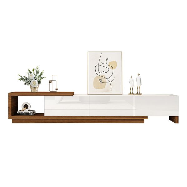 Extendable TV Stand Unit Storage Cabinet Entertainment Centre Console Table Bench 3 Drawers Walnut and White