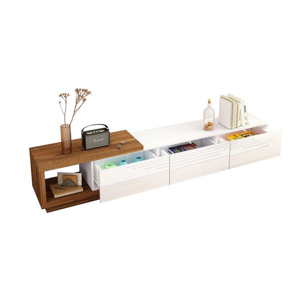 Extendable TV Stand Unit Storage Cabinet Entertainment Centre Console Table Bench 3 Drawers Walnut and White