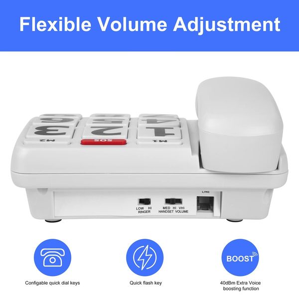 Large Key Wired Telephone,Adjustable Ringing Tone,and earpiece Volume,The earpiece can be Adjusted to Ultra-high Volume,which is Helpful for Those with Hearing Impairment