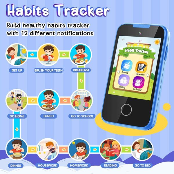 Smartphone Toy, Touch Screen Dual Camera with Music Flashlight, Alphabet Alarm Games Learning Toys, Birthday Gifts,Blue