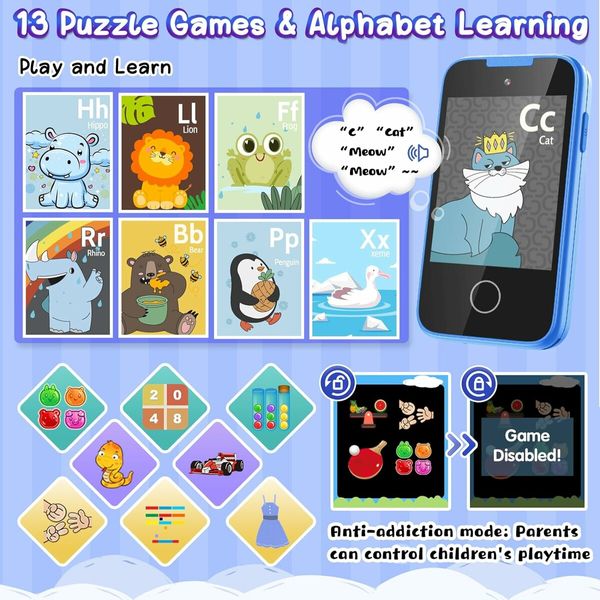 Smartphone Toy, Touch Screen Dual Camera with Music Flashlight, Alphabet Alarm Games Learning Toys, Birthday Gifts,Blue