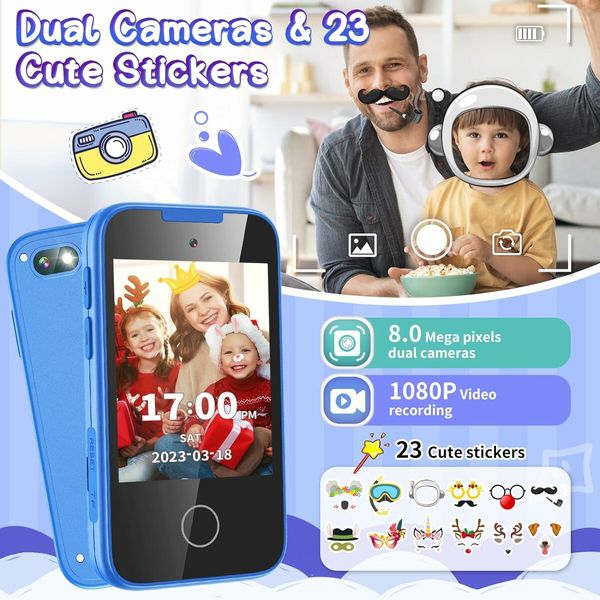 Smartphone Toy, Touch Screen Dual Camera with Music Flashlight, Alphabet Alarm Games Learning Toys, Birthday Gifts,Blue