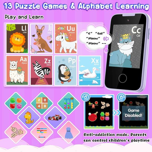 Smartphone Toy, Touch Screen Dual Camera with Music Flashlight, Alphabet Alarm Games Learning Toys, Birthday Gifts,Purple