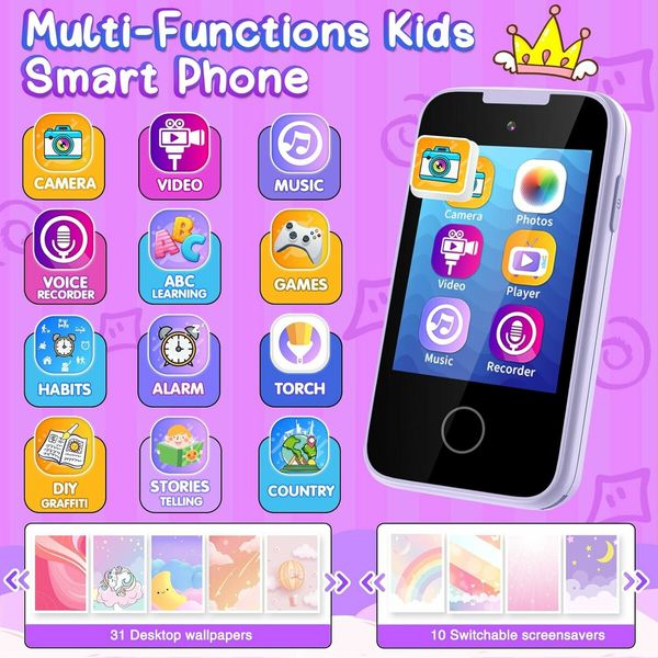 Smartphone Toy, Touch Screen Dual Camera with Music Flashlight, Alphabet Alarm Games Learning Toys, Birthday Gifts,Purple