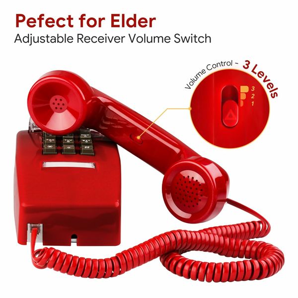 Retro Wall Phones for Landline with Mechanical Ringer Corded Telephone Wall Mounted with Indicator Waterproof Old Style Landline Phones for Home Kitchen,Red