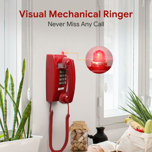 Retro Wall Phones for Landline with Mechanical Ringer Corded Telephone Wall Mounted with Indicator Waterproof Old Style Landline Phones for Home Kitchen,Red