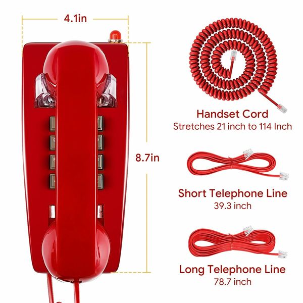 Retro Wall Phones for Landline with Mechanical Ringer Corded Telephone Wall Mounted with Indicator Waterproof Old Style Landline Phones for Home Kitchen,Red