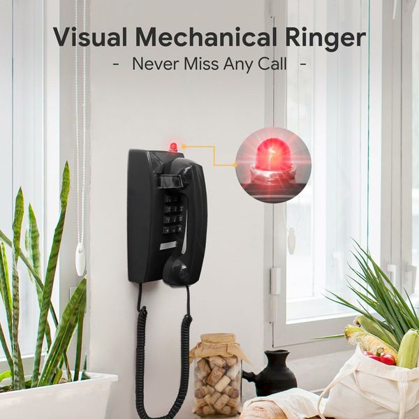 Retro Wall Phones for Landline with Mechanical Ringer Corded Telephone Wall Mounted with Indicator Waterproof Old Style Landline Phones for Home Kitchen,Black