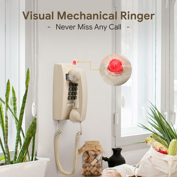 Retro Wall Phones for Landline with Mechanical Ringer Corded Telephone Wall Mounted with Indicator Waterproof Old Style Landline Phones for Home Kitchen,Beige