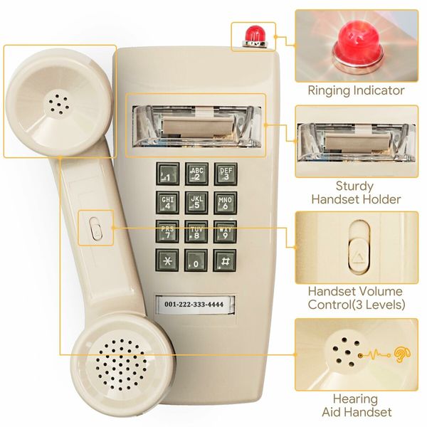 Retro Wall Phones for Landline with Mechanical Ringer Corded Telephone Wall Mounted with Indicator Waterproof Old Style Landline Phones for Home Kitchen,Beige