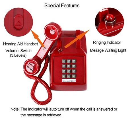 Traditional Red Landline Phone,Retro Corded Telephone with Message Indicator,Classic 2500 Analog Desk Phone,Vintage Corded Desk Telephone Large Button,Old Red Telephone Landline (Red)