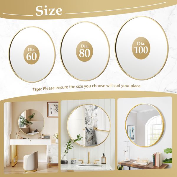 60cm Round Wall Mirror Bathroom Vanity Standing Large Bedroom Gold Decorative Mount Circle Hallway Makeup Shower Shaving