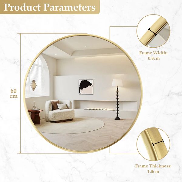 60cm Round Wall Mirror Bathroom Vanity Standing Large Bedroom Gold Decorative Mount Circle Hallway Makeup Shower Shaving