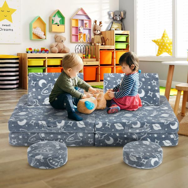 Modular Kids Sofa Set 6Pcs Play Couch Convertible Lounge Chair Folding Toddler Playset Sectional Cushion Glowing Cover