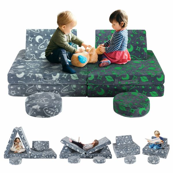 Modular Kids Sofa Set 6Pcs Play Couch Convertible Lounge Chair Folding Toddler Playset Sectional Cushion Glowing Cover