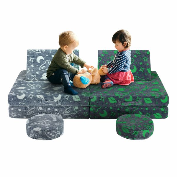 Modular Kids Sofa Set 6Pcs Play Couch Convertible Lounge Chair Folding Toddler Playset Sectional Cushion Glowing Cover