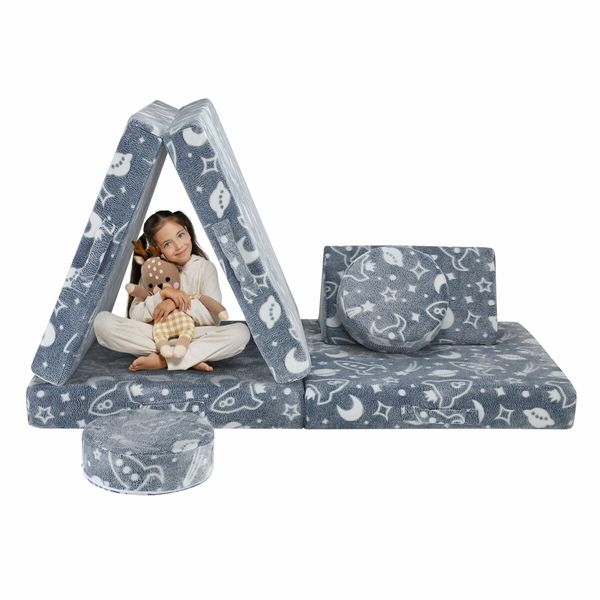 Modular Kids Sofa Set 6Pcs Play Couch Convertible Lounge Chair Folding Toddler Playset Sectional Cushion Glowing Cover