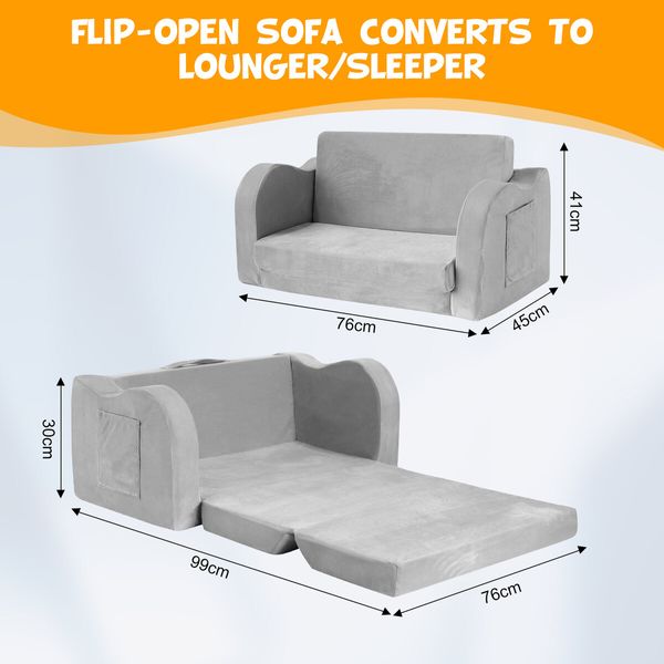 Flip Out Kids Sofa 2 In 1 Convertible Couch Lounge Chair Comfy Seater Armchair Backrest Bed Soft Fabric Toddler Playroom