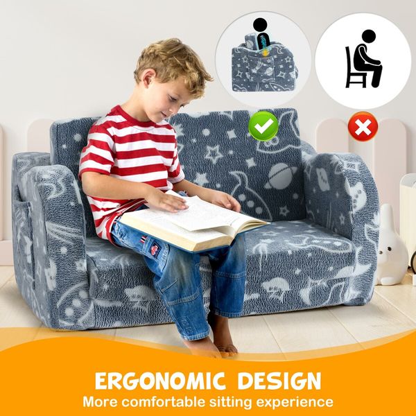 Kids Sofa Flip Out Lounger 2 In 1 Convertible Couch Comfy Chair Armchair Toddler Bed Soft Cushion Playroom Glow in the Dark