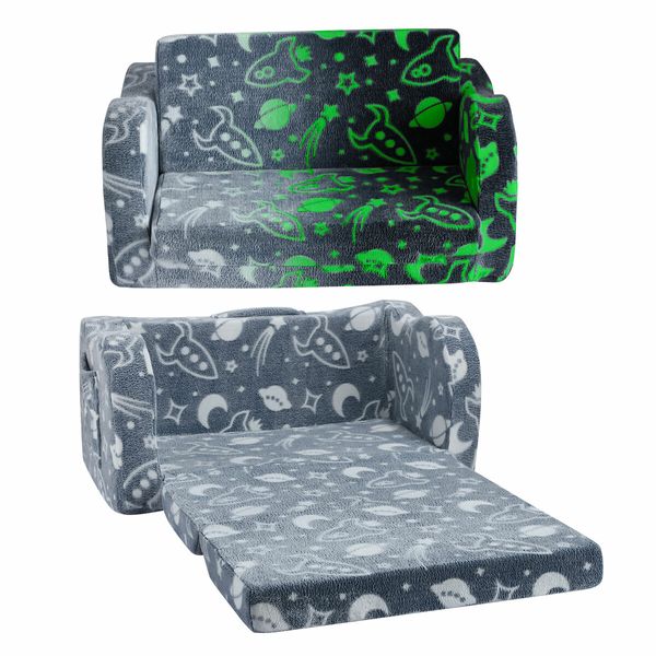 Kids Sofa Flip Out Lounger 2 In 1 Convertible Couch Comfy Chair Armchair Toddler Bed Soft Cushion Playroom Glow in the Dark