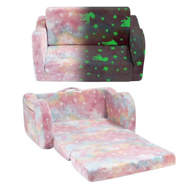 Kids Flip Out Sofa Convertible Couch Lounge Chair Fold Comfy Toddler Bed 2 Seater Childrens Armchair Storage Glow in The Dark