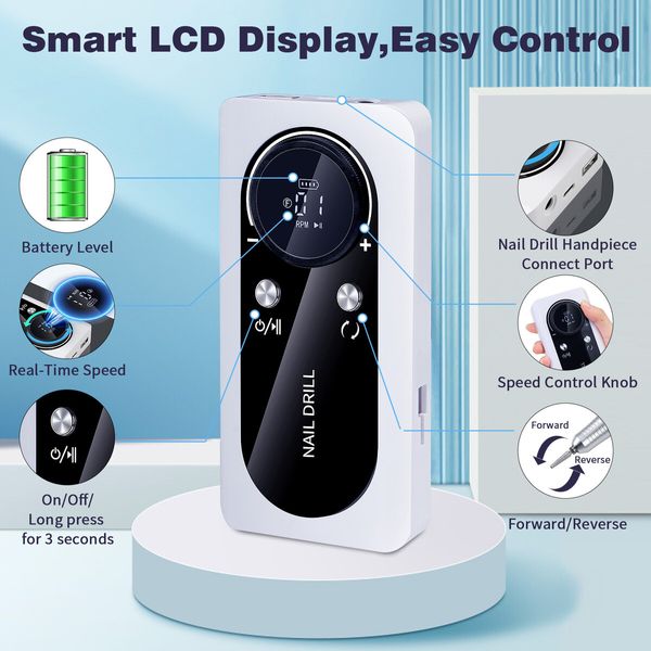 45000RPM Nail Drill Machine Electric Portable Nail File Rechargeable Nail Sander for Gel Nails Polishing for Home Manicure Salon,Colorful White