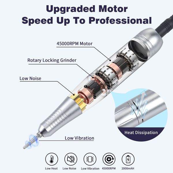 45000RPM Nail Drill Machine Electric Portable Nail File Rechargeable Nail Sander for Gel Nails Polishing for Home Manicure Salon,Colorful White