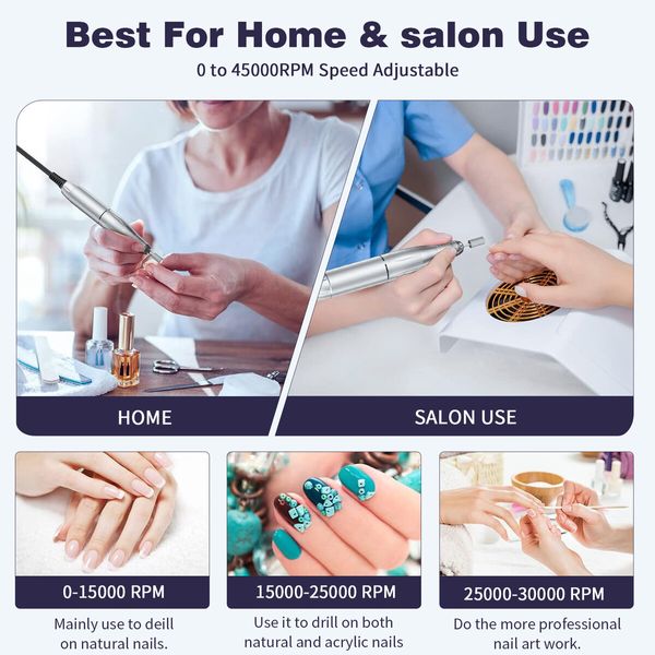 45000RPM Nail Drill Machine Electric Portable Nail File Rechargeable Nail Sander for Gel Nails Polishing for Home Manicure Salon,Colorful Pink