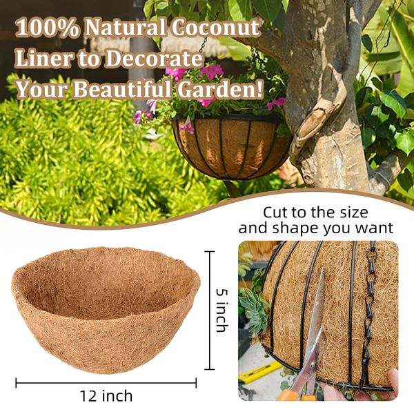 4 Pack 12 Inch Hanging Basket Coco Liners Replacement,100% Natural Round Coconut Coco Fiber Planter Basket Liners for Hanging Basket Flowers/Vegetables