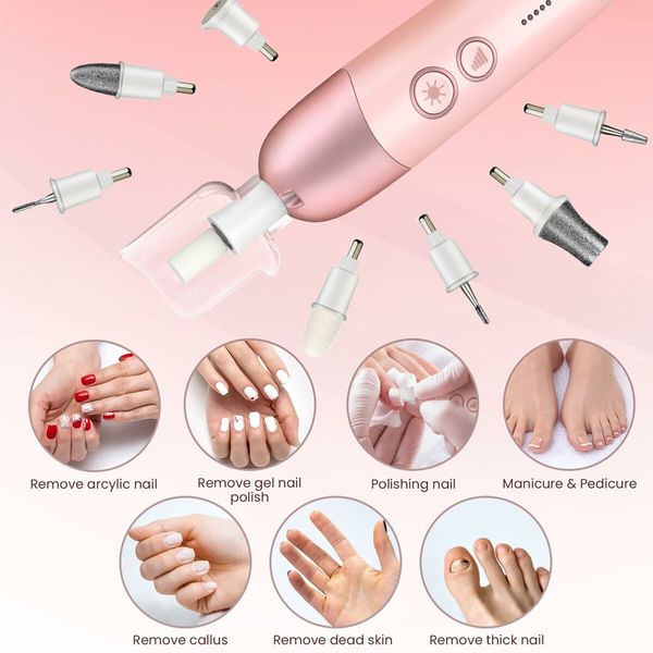 8 in 1 Electric Nail File Set, Cordless Pedicure Tools for feet, 5 Speeds Manicure Set, Toe Nail Grinder Kit for Thick Nails-Pink
