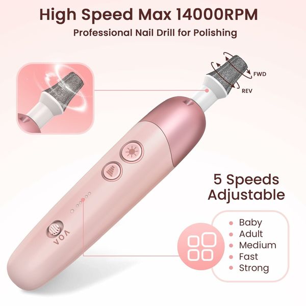 8 in 1 Electric Nail File Set, Cordless Pedicure Tools for feet, 5 Speeds Manicure Set, Toe Nail Grinder Kit for Thick Nails-Pink