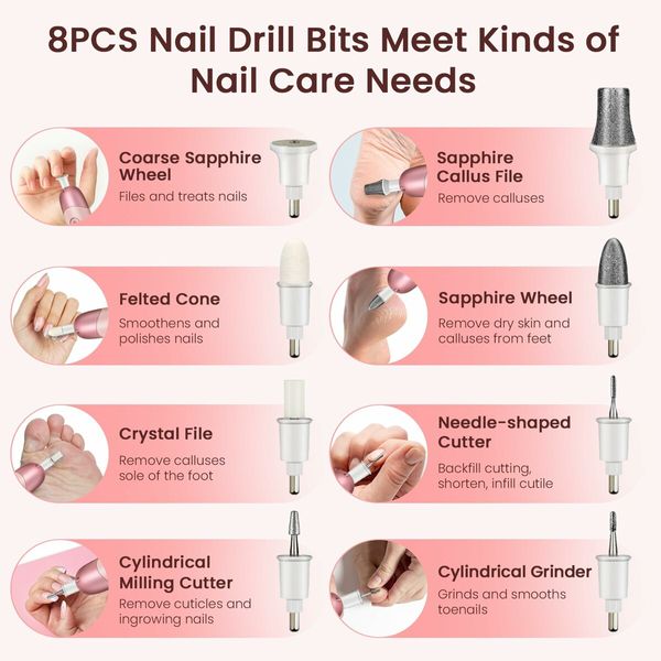 8 in 1 Electric Nail File Set, Cordless Pedicure Tools for feet, 5 Speeds Manicure Set, Toe Nail Grinder Kit for Thick Nails-Pink
