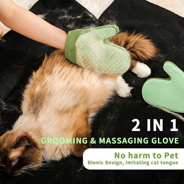 2 in 1 Pet Fur Glove and Cat Hair Remover Glove, Dog Grooming Glove Brush for Shedding, Green/Single