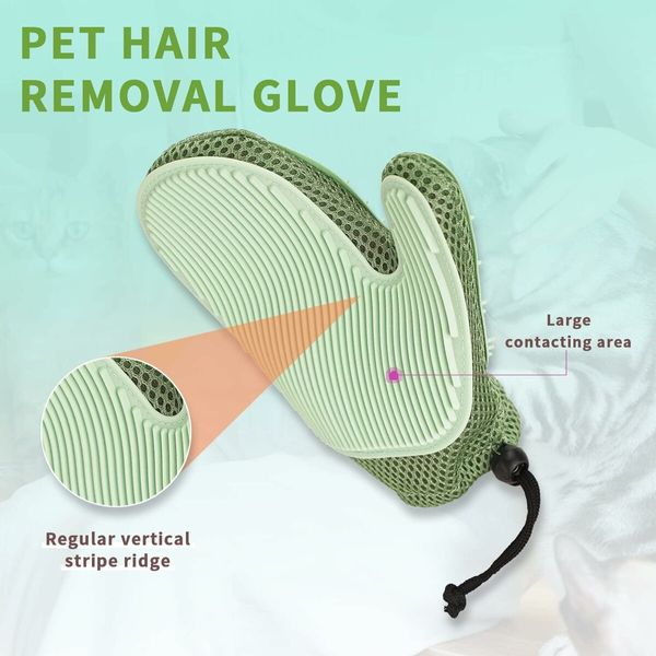 2 in 1 Pet Fur Glove and Cat Hair Remover Glove, Dog Grooming Glove Brush for Shedding, Green/Single