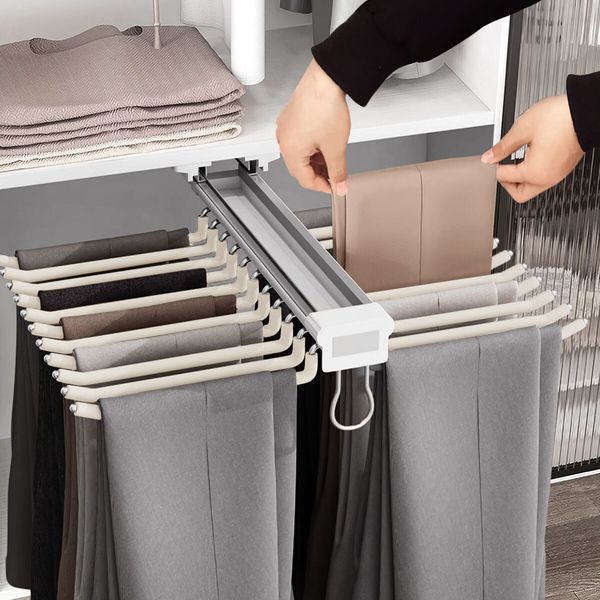 Pull Out Trousers Pants Hanger Rack Closet Wardrobe Clothes Organiser Jeans Tie Scarf Sliding Rail Storage Bar 22 Arms