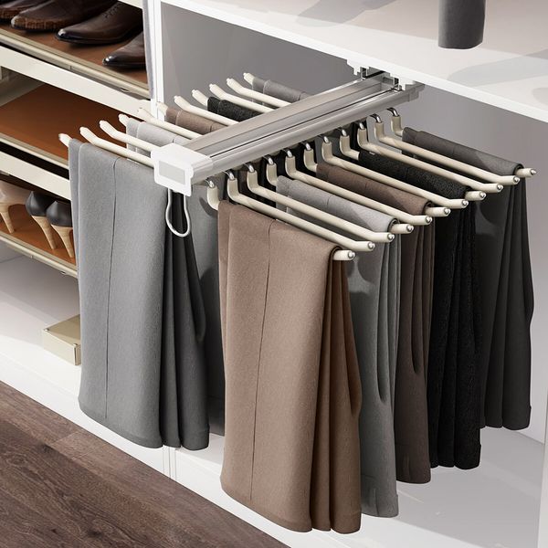 Pull Out Trousers Pants Hanger Rack Closet Wardrobe Clothes Organiser Jeans Tie Scarf Sliding Rail Storage Bar 22 Arms