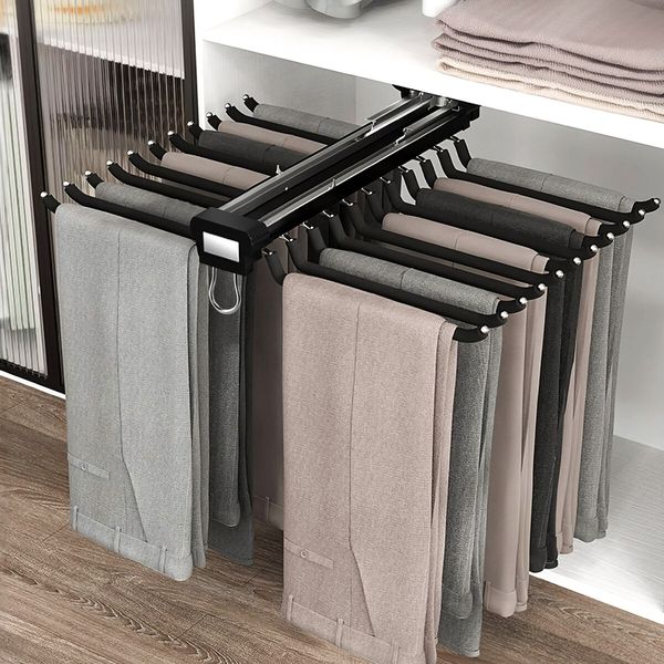 Wardrobe Pants Hanger Trousers Rack 22 Arms Closet Clothes Organiser Pull Out Bar Sliding Rail Space Saving Storage