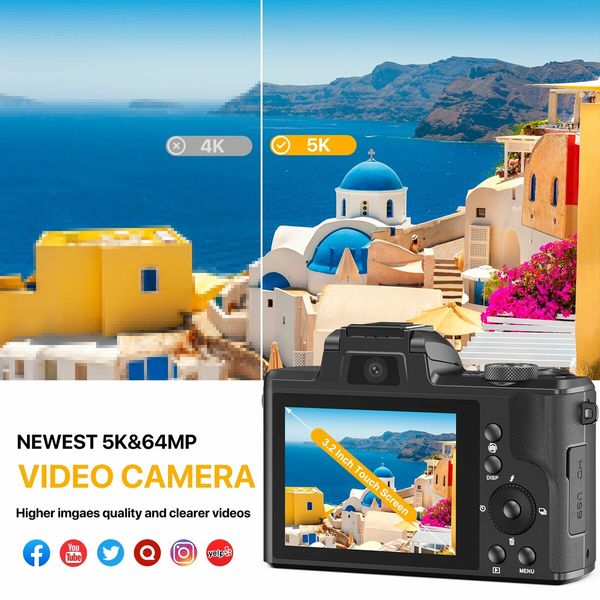 5K Digital Camera Autofocus 5X Optical Zoom 64MP Vlogging Camera 6-Axis Stabilization Compact Travel Dual Cameras with 64G SD Card