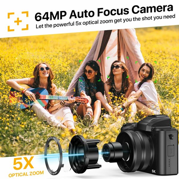 5K Digital Camera Autofocus 5X Optical Zoom 64MP Vlogging Camera 6-Axis Stabilization Compact Travel Dual Cameras with 64G SD Card