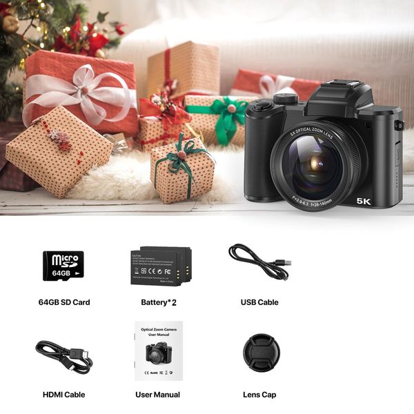 5K Digital Camera Autofocus 5X Optical Zoom 64MP Vlogging Camera 6-Axis Stabilization Compact Travel Dual Cameras with 64G SD Card