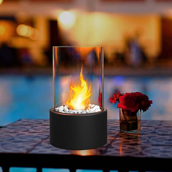 Tabletop Fireplace with Decorative Stones Stainless Steel Bioethanol Indoor Outdoor Table Fireplace for Living Room and Balcony Smokeless and Odourless