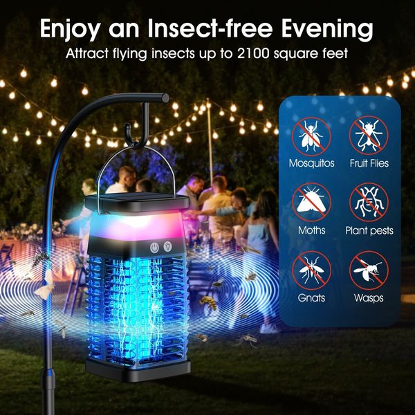 Bug Zapper Outdoor Indoor Mosquito Zapper Solar Fly Zapper Rechargeable Electric Mosquito Zapper IP68 Waterproof Insect Fly Trap Plug in with RGB Light & Reading Lamp for Patio Camping Home Backyard