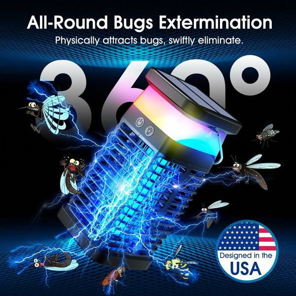 Bug Zapper Outdoor Indoor Mosquito Zapper Solar Fly Zapper Rechargeable Electric Mosquito Zapper IP68 Waterproof Insect Fly Trap Plug in with RGB Light & Reading Lamp for Patio Camping Home Backyard