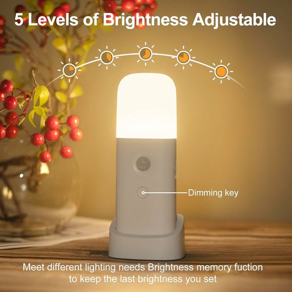 Motion Sensor Night Light, Dimmable Night Lights with 5 Brightness Levels, 2000mAh Rechargeable Battery Operated Light, Portable Motion Sensor Light for Kids Room, Bedroom, Hallway