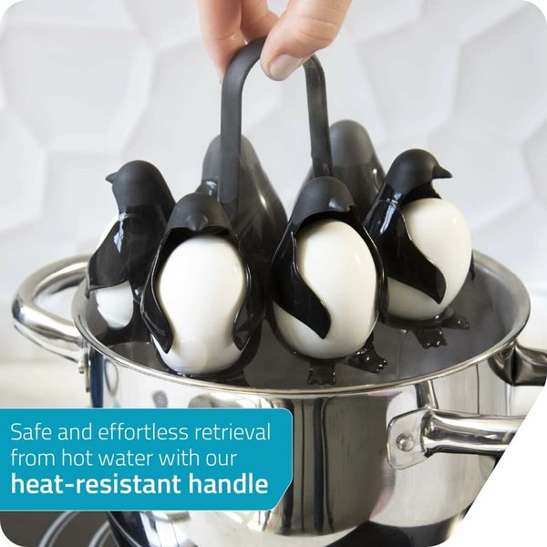 3-in-1 Egg Holder for Boiling, Storing and Serving, Penguin Shaped Poacher for Preparing Hard and Soft Eggs, Holds 6 Eggs for Boiling or Storing in the Refrigerator