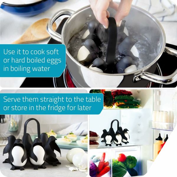 3-in-1 Egg Holder for Boiling, Storing and Serving, Penguin Shaped Poacher for Preparing Hard and Soft Eggs, Holds 6 Eggs for Boiling or Storing in the Refrigerator