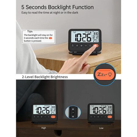 Digital Travel Alarm Clock Black with 3.54 Inch LCD Display 9 Minute Snooze 2 Volume Levels and Backlight Requires 2 x AAA Batteries Not Included