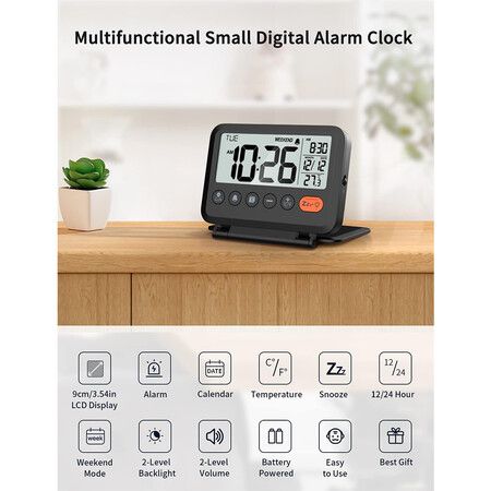 Digital Travel Alarm Clock Black with 3.54 Inch LCD Display 9 Minute Snooze 2 Volume Levels and Backlight Requires 2 x AAA Batteries Not Included