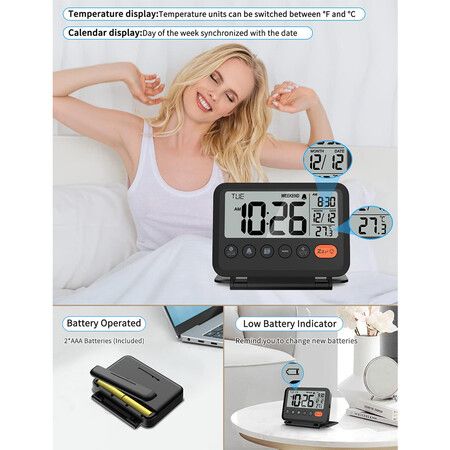 Digital Travel Alarm Clock Black with 3.54 Inch LCD Display 9 Minute Snooze 2 Volume Levels and Backlight Requires 2 x AAA Batteries Not Included