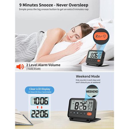 Digital Travel Alarm Clock Black with 3.54 Inch LCD Display 9 Minute Snooze 2 Volume Levels and Backlight Requires 2 x AAA Batteries Not Included
